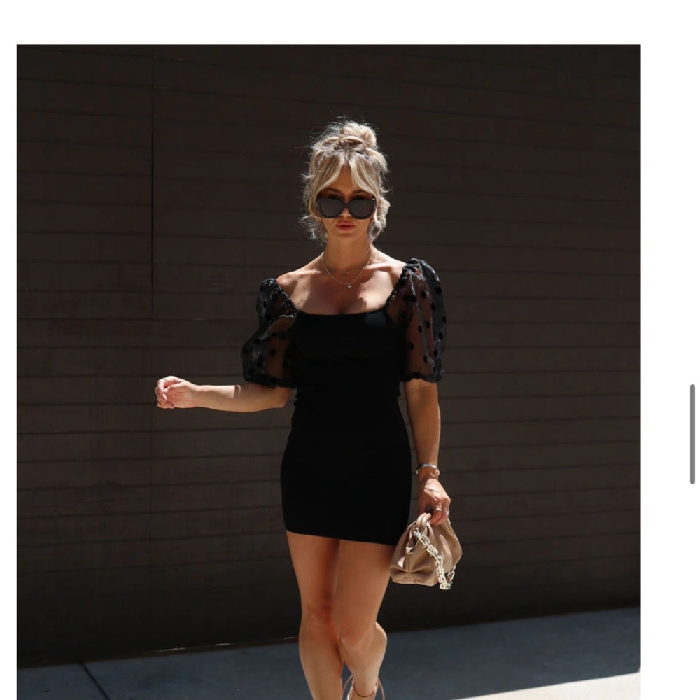 Flying Tomato Black Mini Dress with Sheer Puff Sleeves